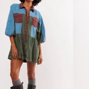 Free People Wild Roads Blue and Green Mini Cord Dress/Shacket - Size Small